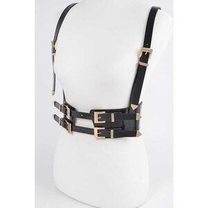 Faux Leather Iconic Harness Belt Patent Vegan Adjustable - BLACK/GOLD